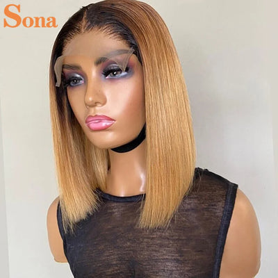 Ombre 1B/27 Honey Blonde Lace Front Human Hair Wig with Dark Root 13X4 Red Ginger Burgundy 99J Short Bob Lace Frontal Wigs
