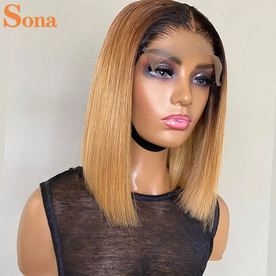 Ombre 1B/27 Honey Blonde Lace Front Human Hair Wig with Dark Root 13X4 Red Ginger Burgundy 99J Short Bob Lace Frontal Wigs